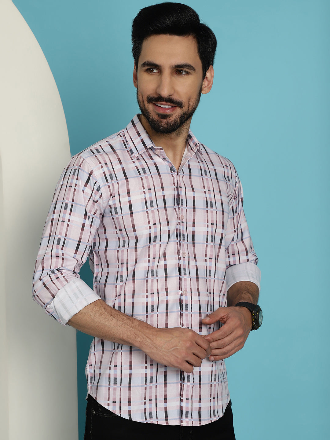 Indian Needle Men's Cotton Blend Checked Casual Shirt - Light-Brown | Grocsy
