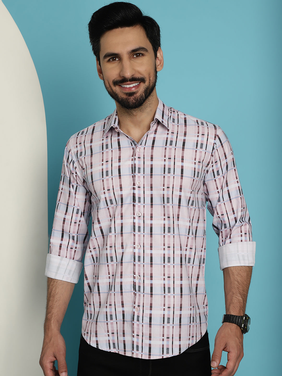 Indian Needle Men's Cotton Blend Checked Casual Shirt - Light-Brown | Grocsy
