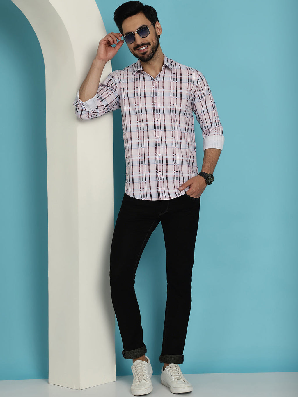Indian Needle Men's Cotton Blend Checked Casual Shirt - Light-Brown | Grocsy