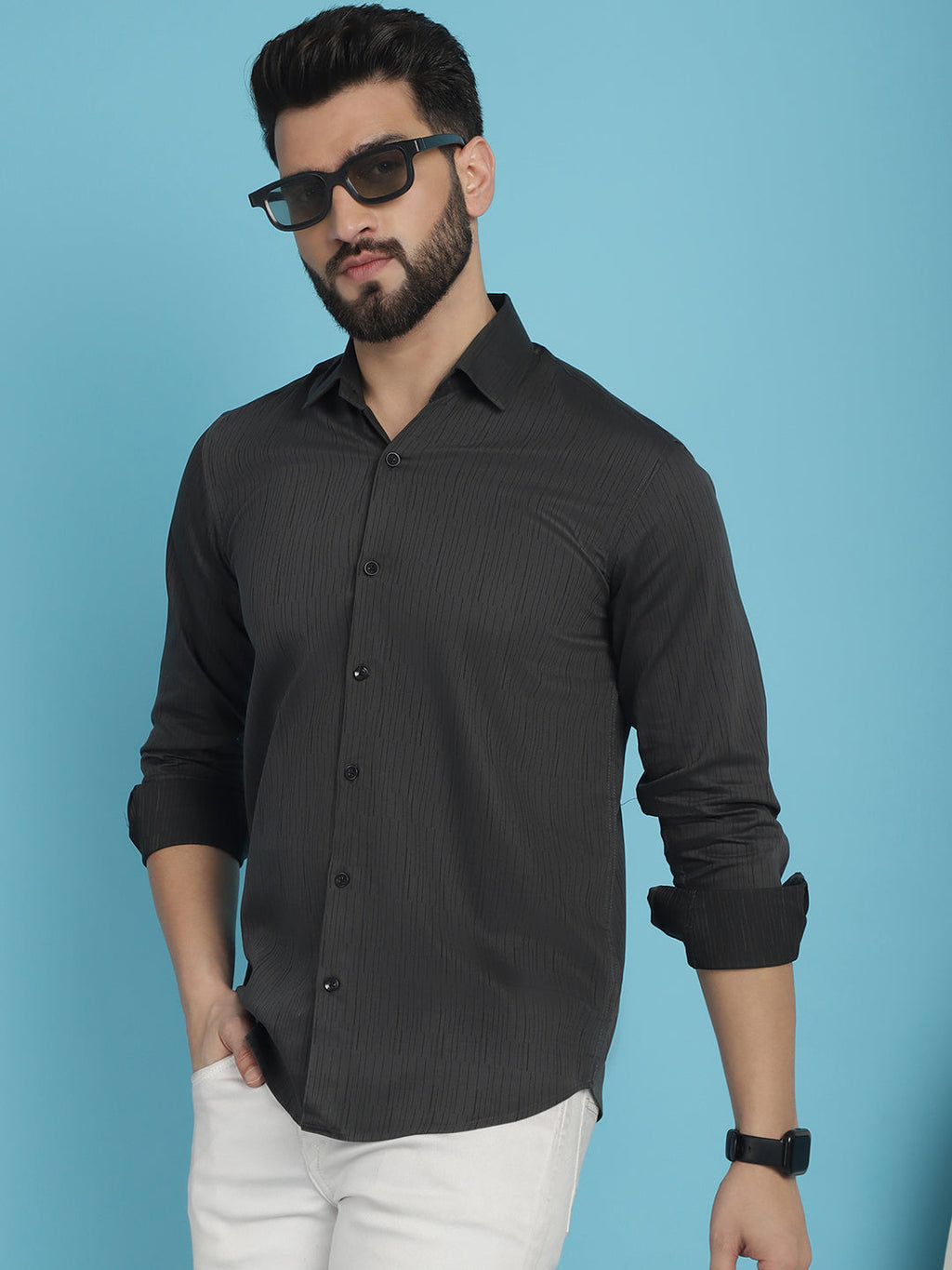 Indian Needle Men's Woven Design Casual Shirt - Charcoal | Grocsy