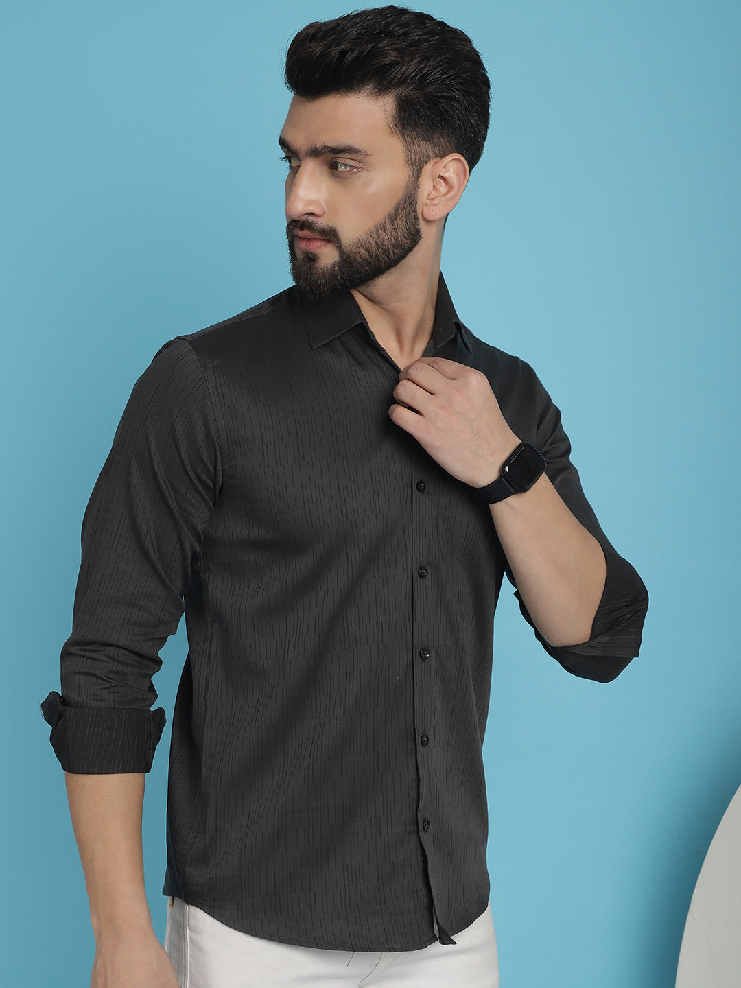 Indian Needle Men's Woven Design Casual Shirt - Charcoal | Grocsy