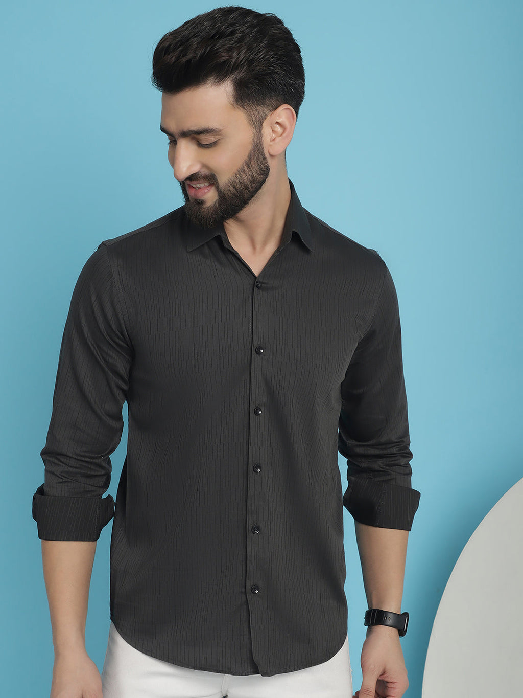 Indian Needle Men's Woven Design Casual Shirt - Charcoal | Grocsy