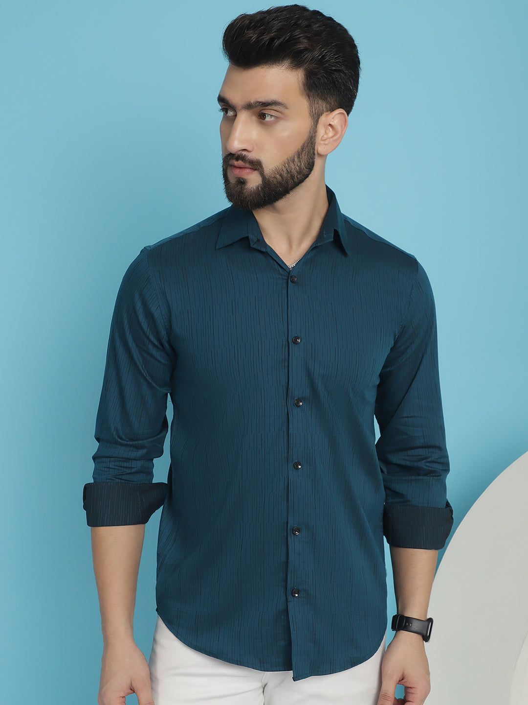Indian Needle Men's Woven Design Casual Shirt - Peacock | Grocsy
