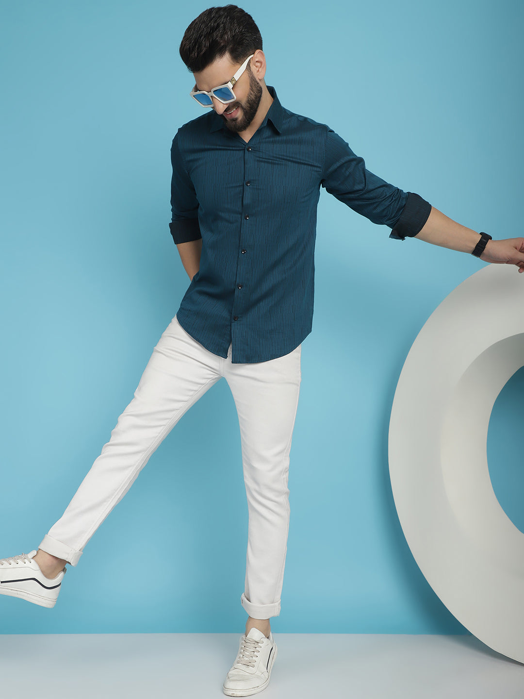 Indian Needle Men's Woven Design Casual Shirt - Peacock | Grocsy