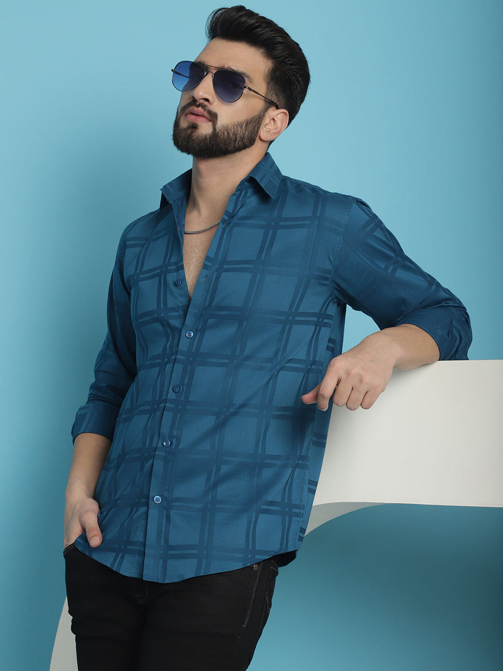 Indian Needle Men's Peacock Blue Checked Casual Shirt | Grocsy