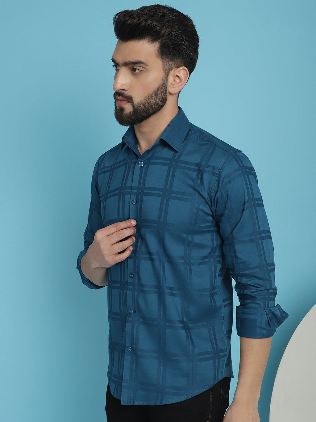 Indian Needle Men's Peacock Blue Checked Casual Shirt | Grocsy