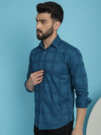 Indian Needle Men's Peacock Blue Checked Casual Shirt | Grocsy