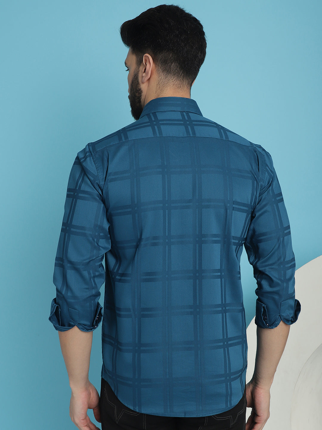 Indian Needle Men's Peacock Blue Checked Casual Shirt | Grocsy