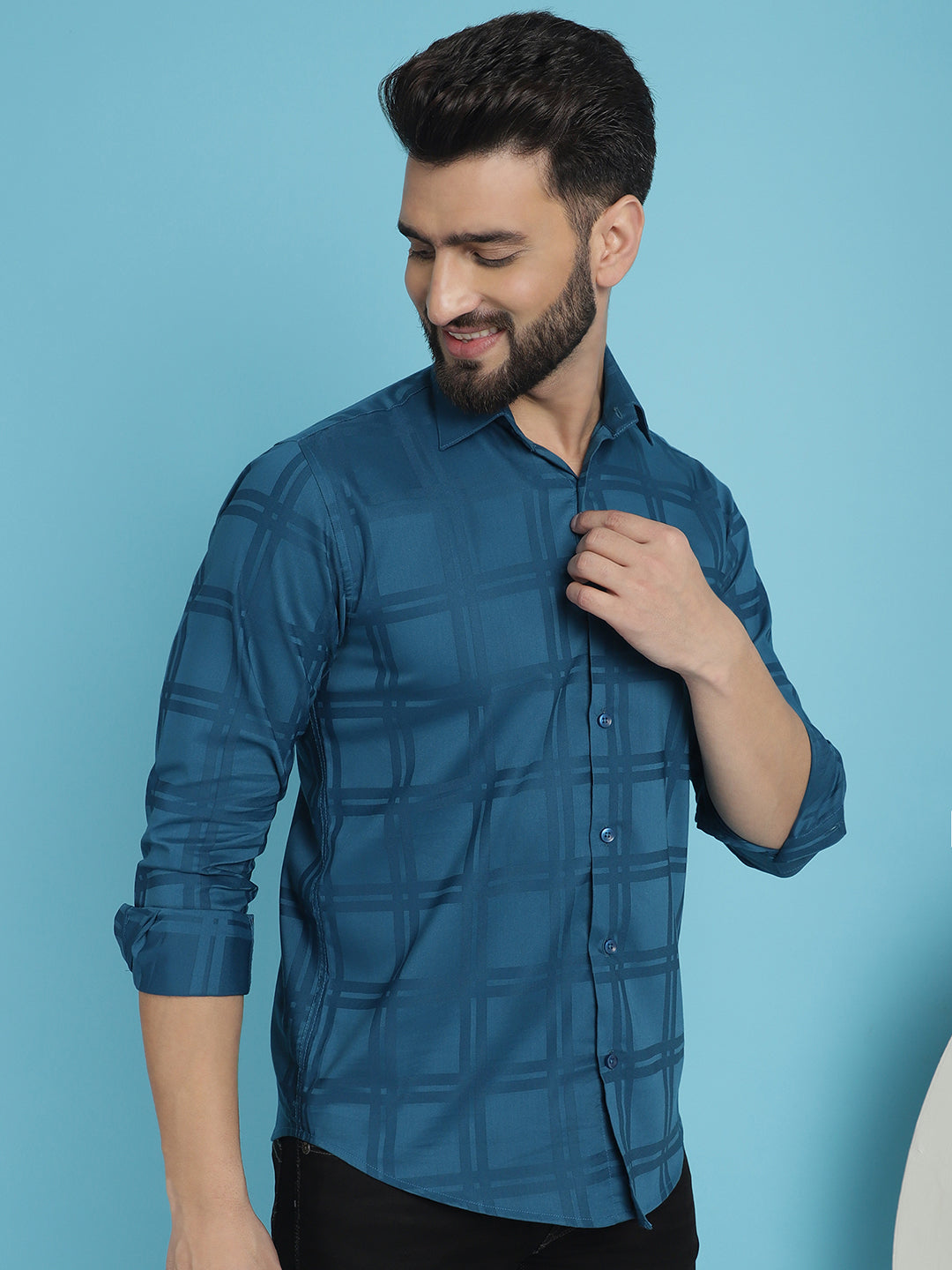 Indian Needle Men's Peacock Blue Checked Casual Shirt | Grocsy