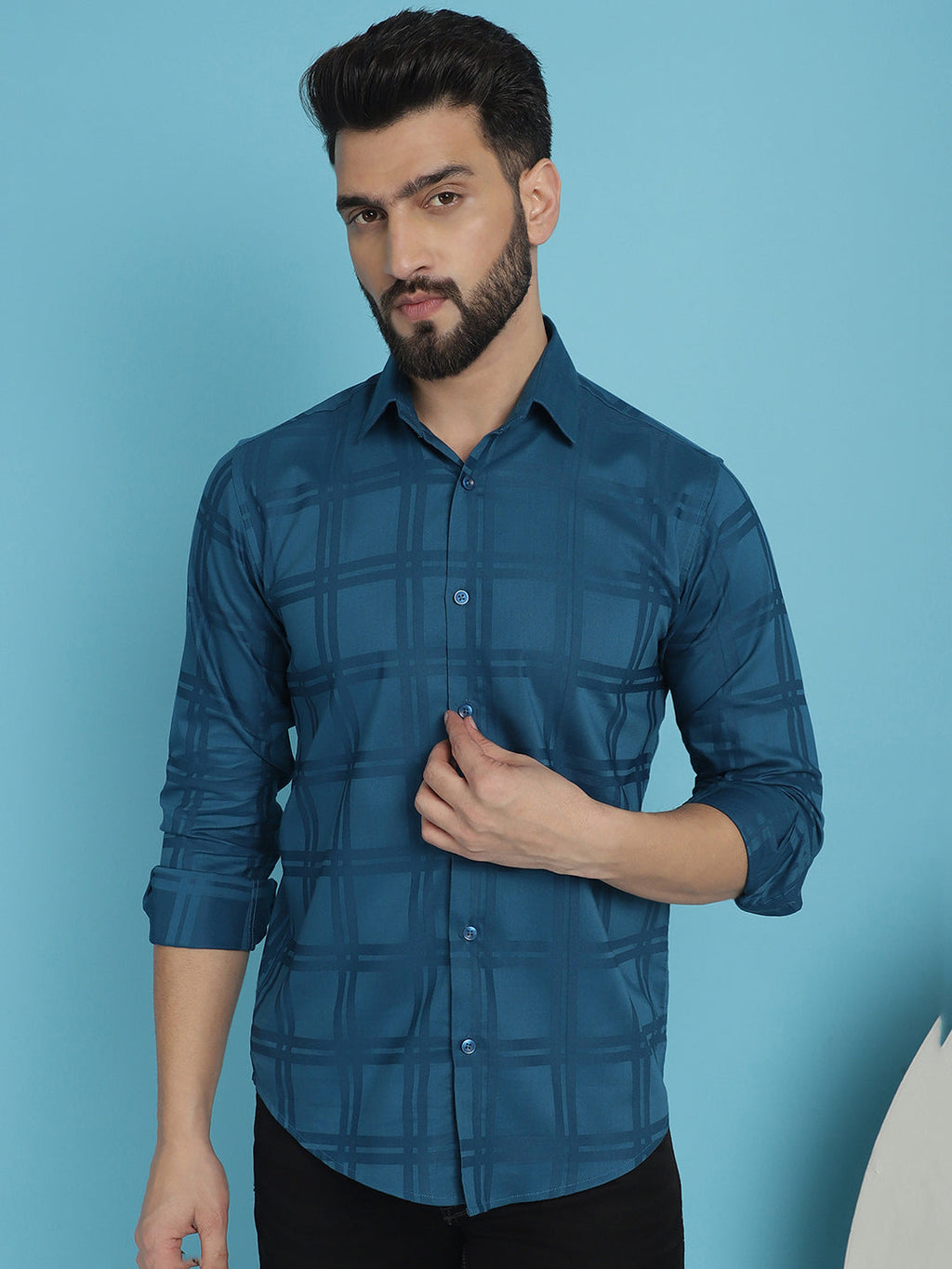Indian Needle Men's Peacock Blue Checked Casual Shirt | Grocsy