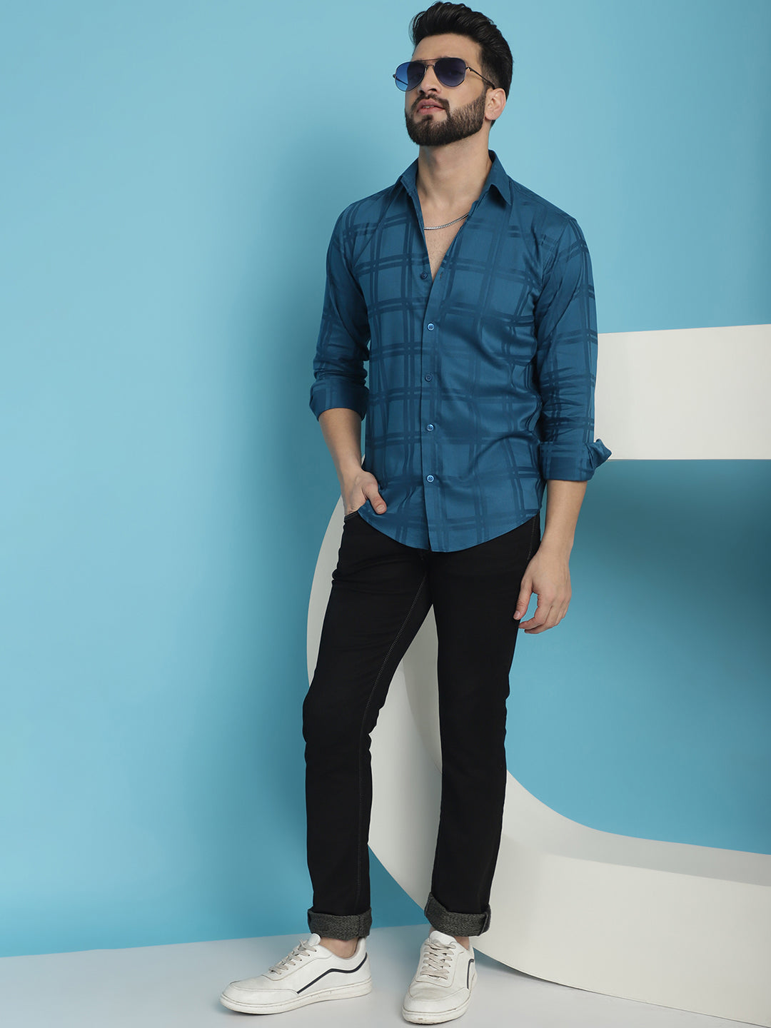 Indian Needle Men's Peacock Blue Checked Casual Shirt | Grocsy