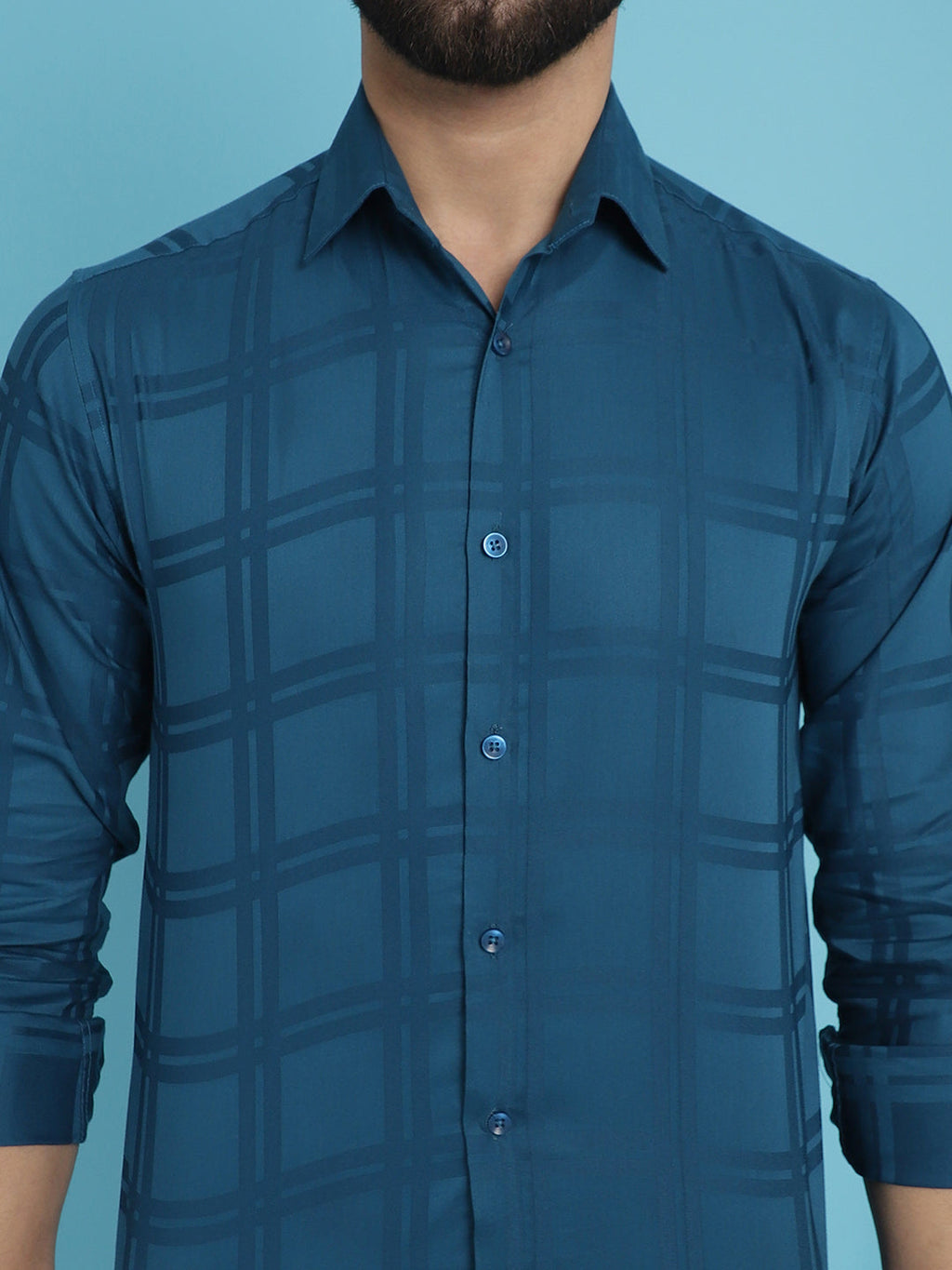 Indian Needle Men's Peacock Blue Checked Casual Shirt | Grocsy