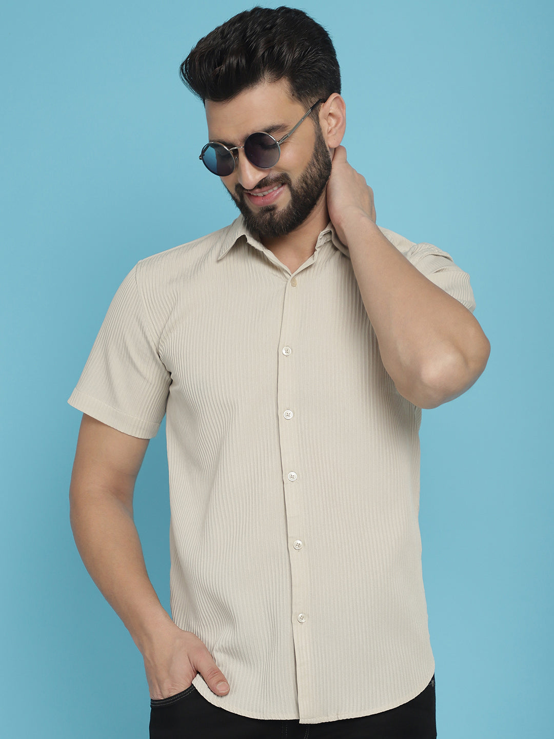 Indian Needle Men's Striped Half Sleeve Casual Shirt - Cream | Grocsy