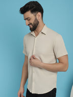 Indian Needle Men's Striped Half Sleeve Casual Shirt - Cream | Grocsy