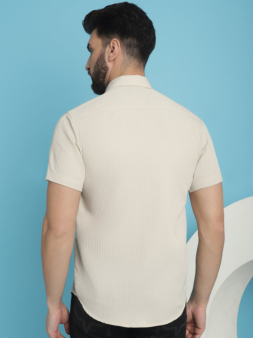Indian Needle Men's Striped Half Sleeve Casual Shirt - Cream | Grocsy