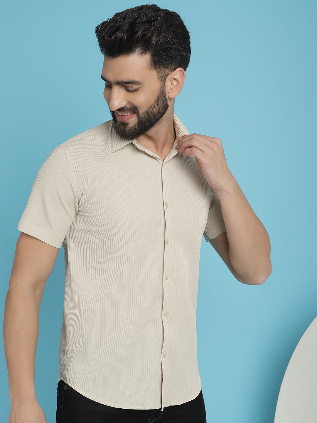 Indian Needle Men's Striped Half Sleeve Casual Shirt - Cream | Grocsy