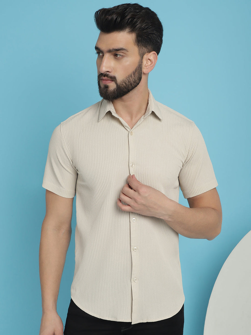 Indian Needle Men's Striped Half Sleeve Casual Shirt - Cream | Grocsy