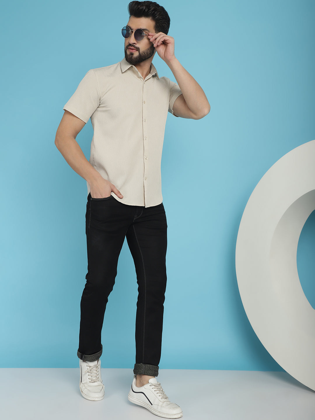Indian Needle Men's Striped Half Sleeve Casual Shirt - Cream | Grocsy