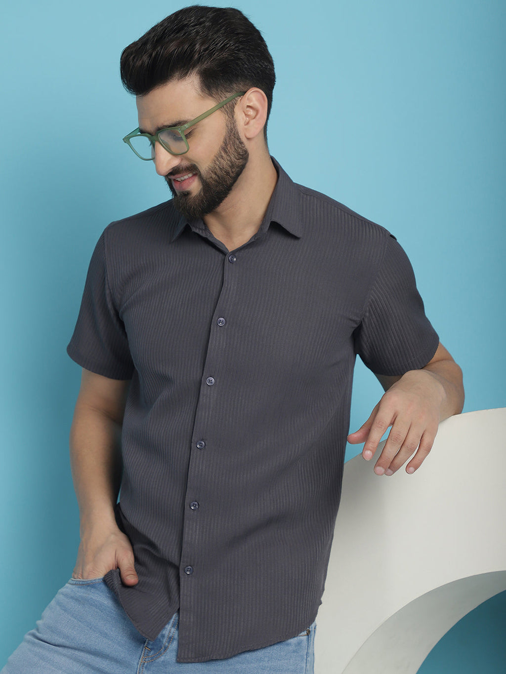 Indian Needle Men's Striped Half Sleeve Casual Shirt - Grey | Grocsy