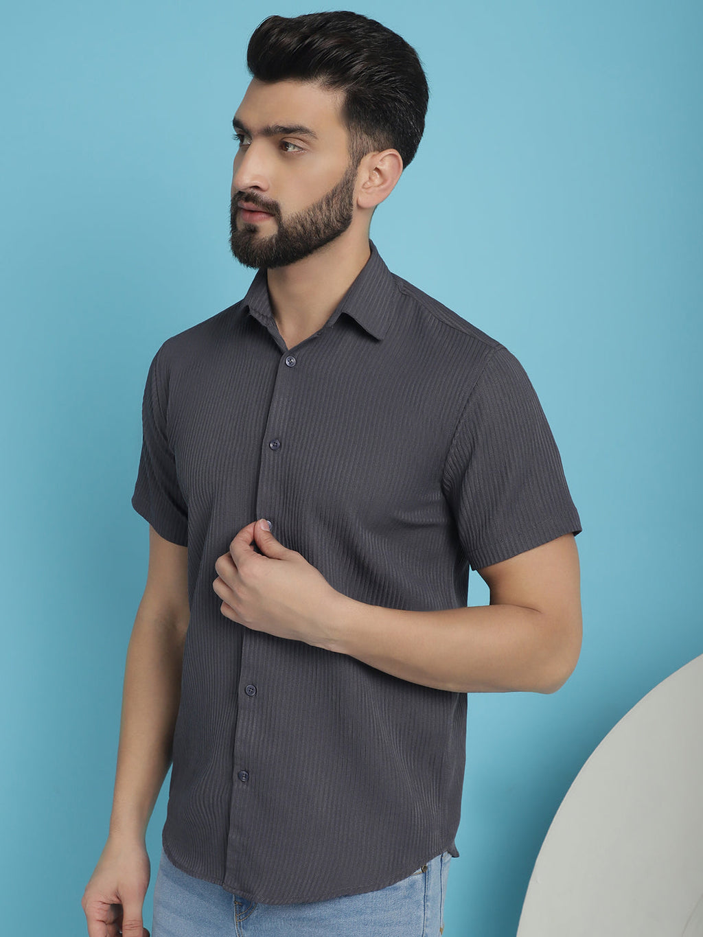 Indian Needle Men's Striped Half Sleeve Casual Shirt - Grey | Grocsy