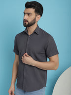 Indian Needle Men's Striped Half Sleeve Casual Shirt - Grey | Grocsy