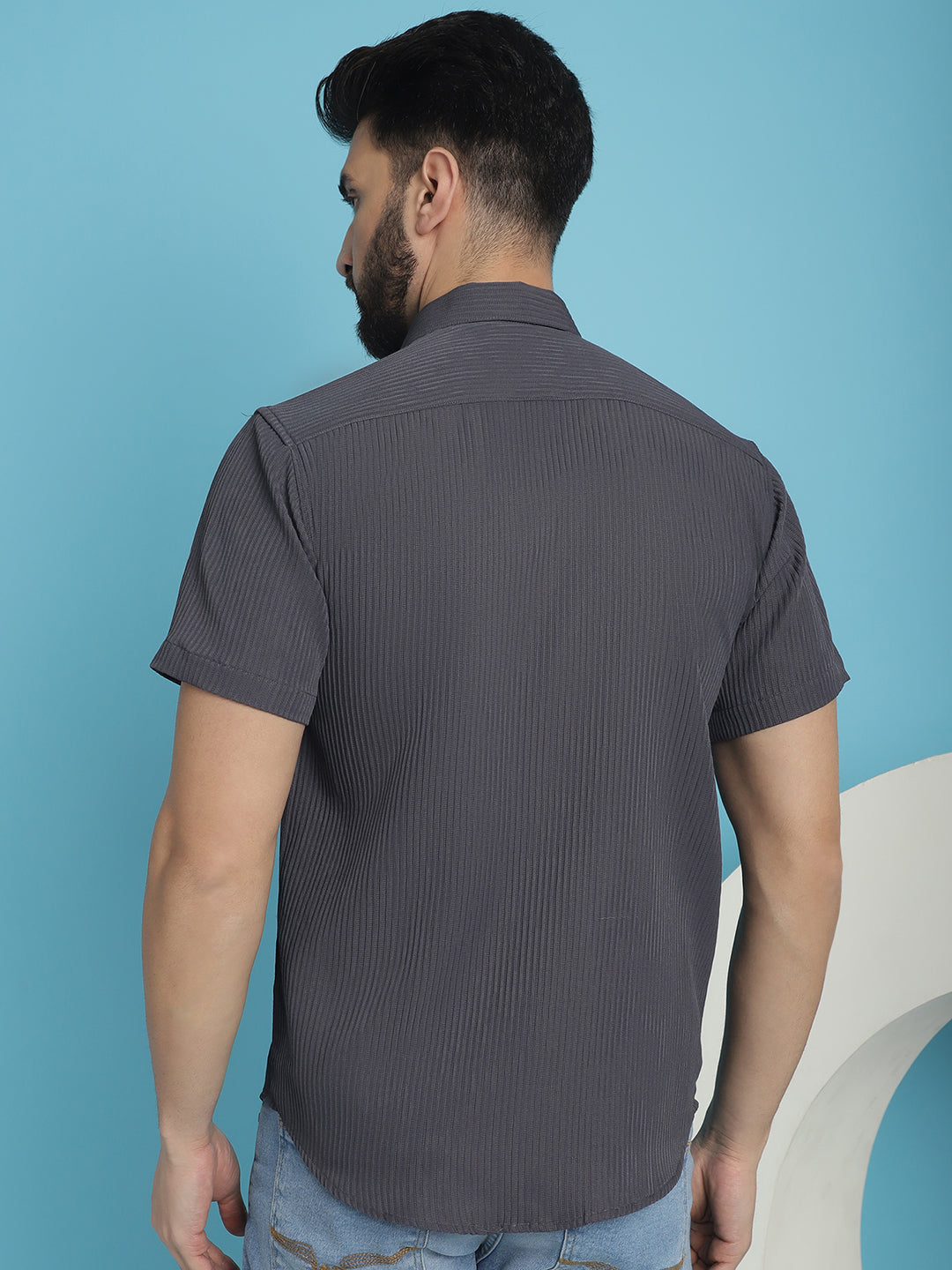 Indian Needle Men's Striped Half Sleeve Casual Shirt - Grey | Grocsy