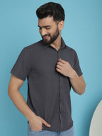 Indian Needle Men's Striped Half Sleeve Casual Shirt - Grey | Grocsy