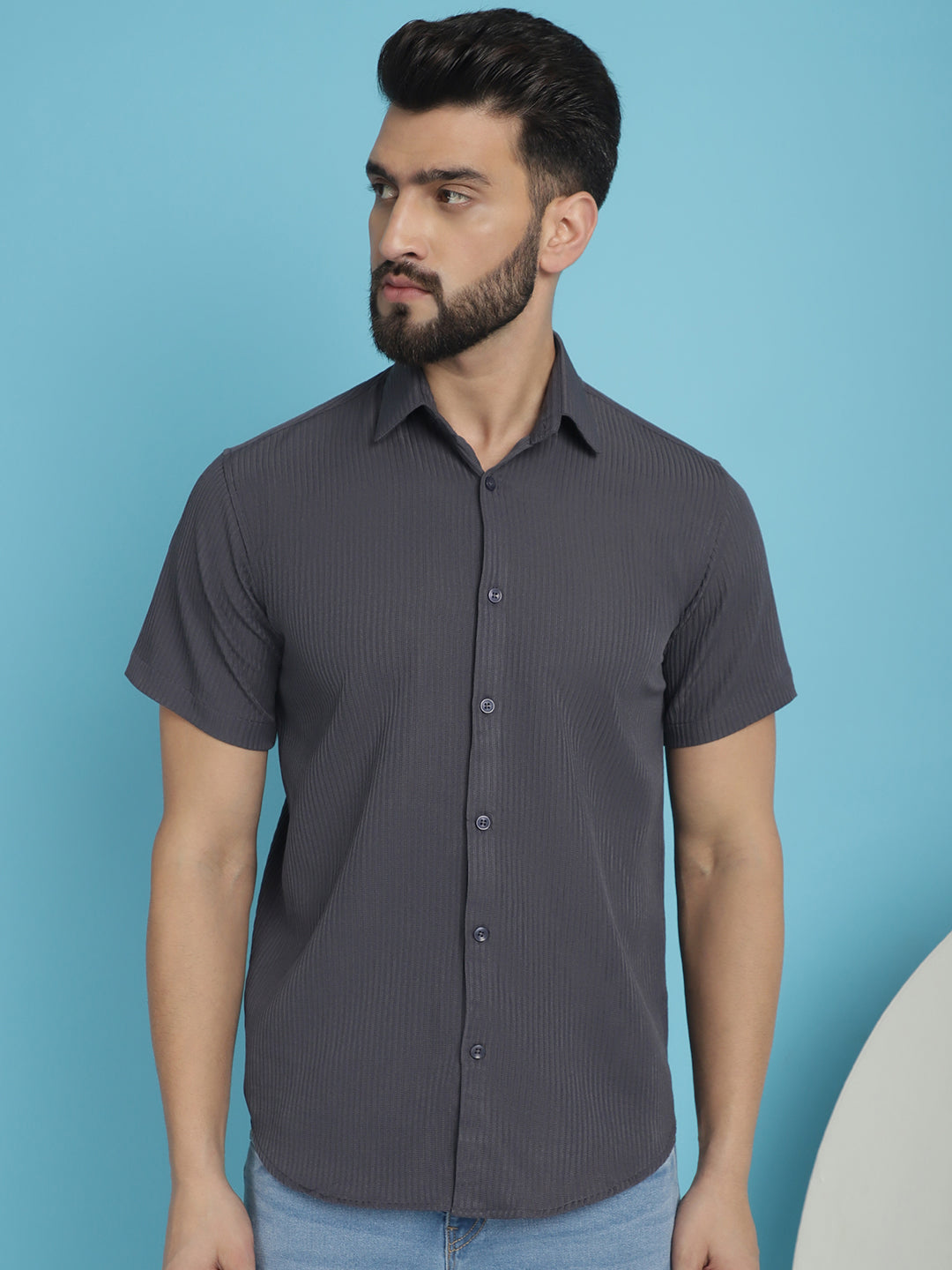 Indian Needle Men's Striped Half Sleeve Casual Shirt - Grey | Grocsy