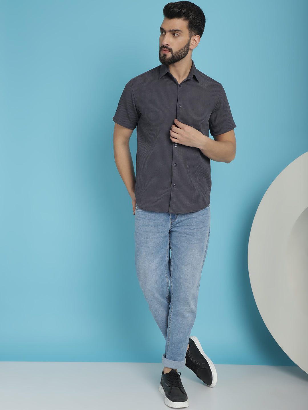 Indian Needle Men's Striped Half Sleeve Casual Shirt - Grey | Grocsy