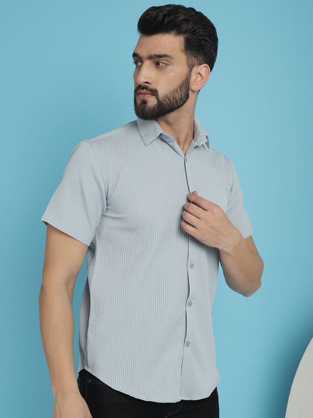 Indian Needle Men's Striped Half Sleeve Casual Shirt - Light-Grey | Grocsy