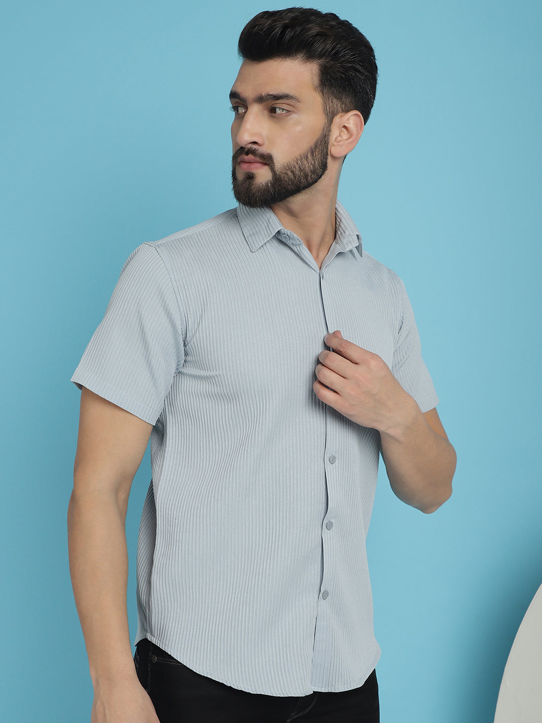Indian Needle Men's Striped Half Sleeve Casual Shirt - Light-Grey | Grocsy
