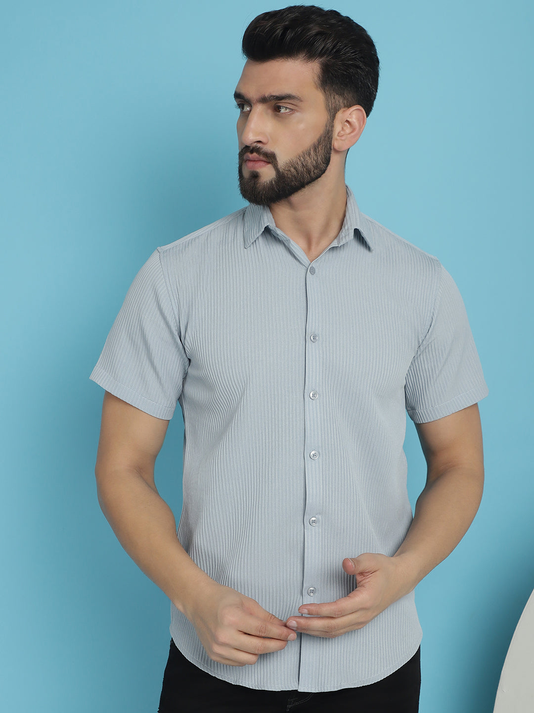 Indian Needle Men's Striped Half Sleeve Casual Shirt - Light-Grey | Grocsy