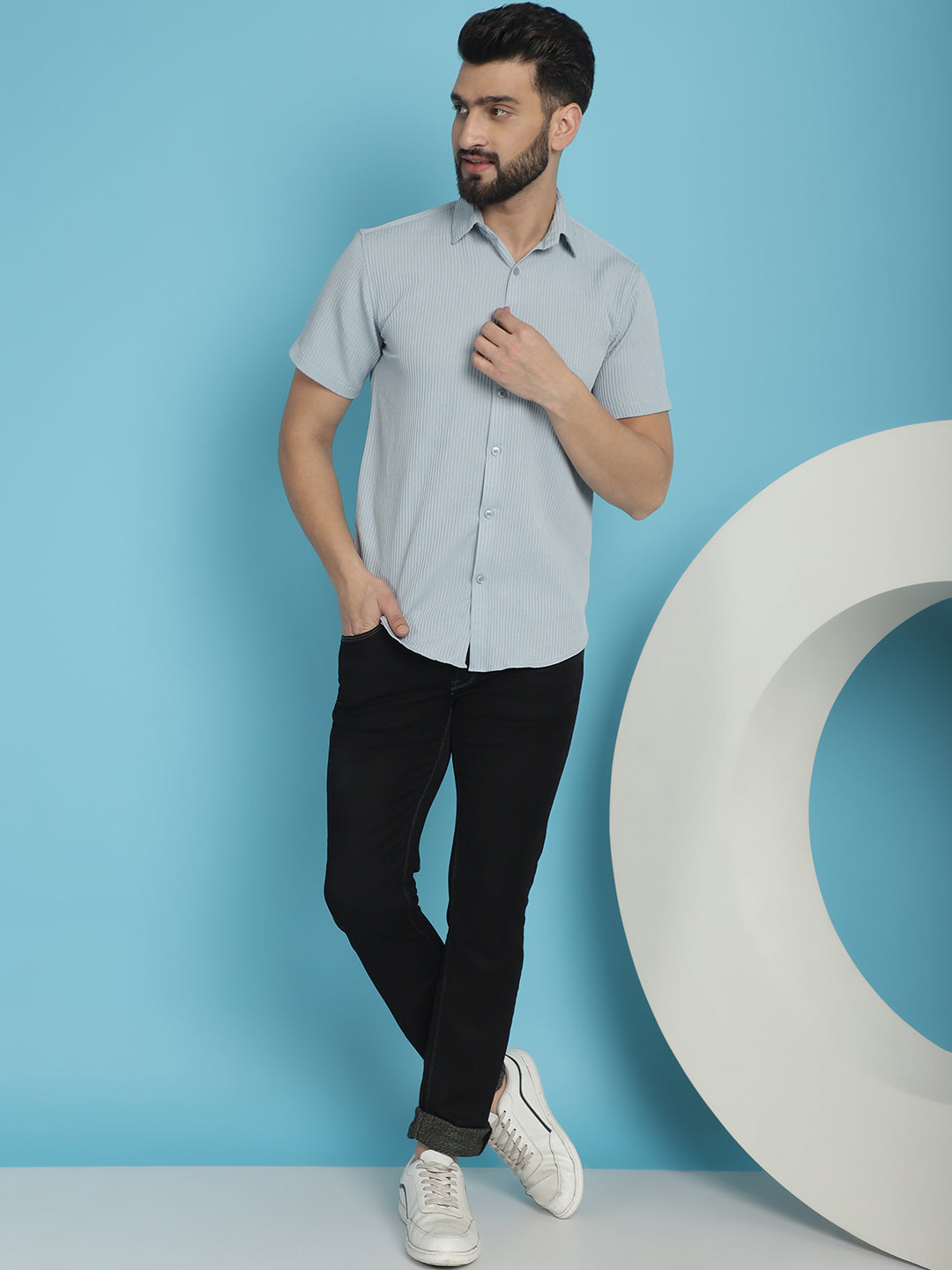 Indian Needle Men's Striped Half Sleeve Casual Shirt - Light-Grey | Grocsy