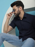 Indian Needle Men's Striped Half Sleeve Casual Shirt - Navy Blue | Grocsy