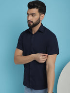 Indian Needle Men's Striped Half Sleeve Casual Shirt - Navy Blue | Grocsy