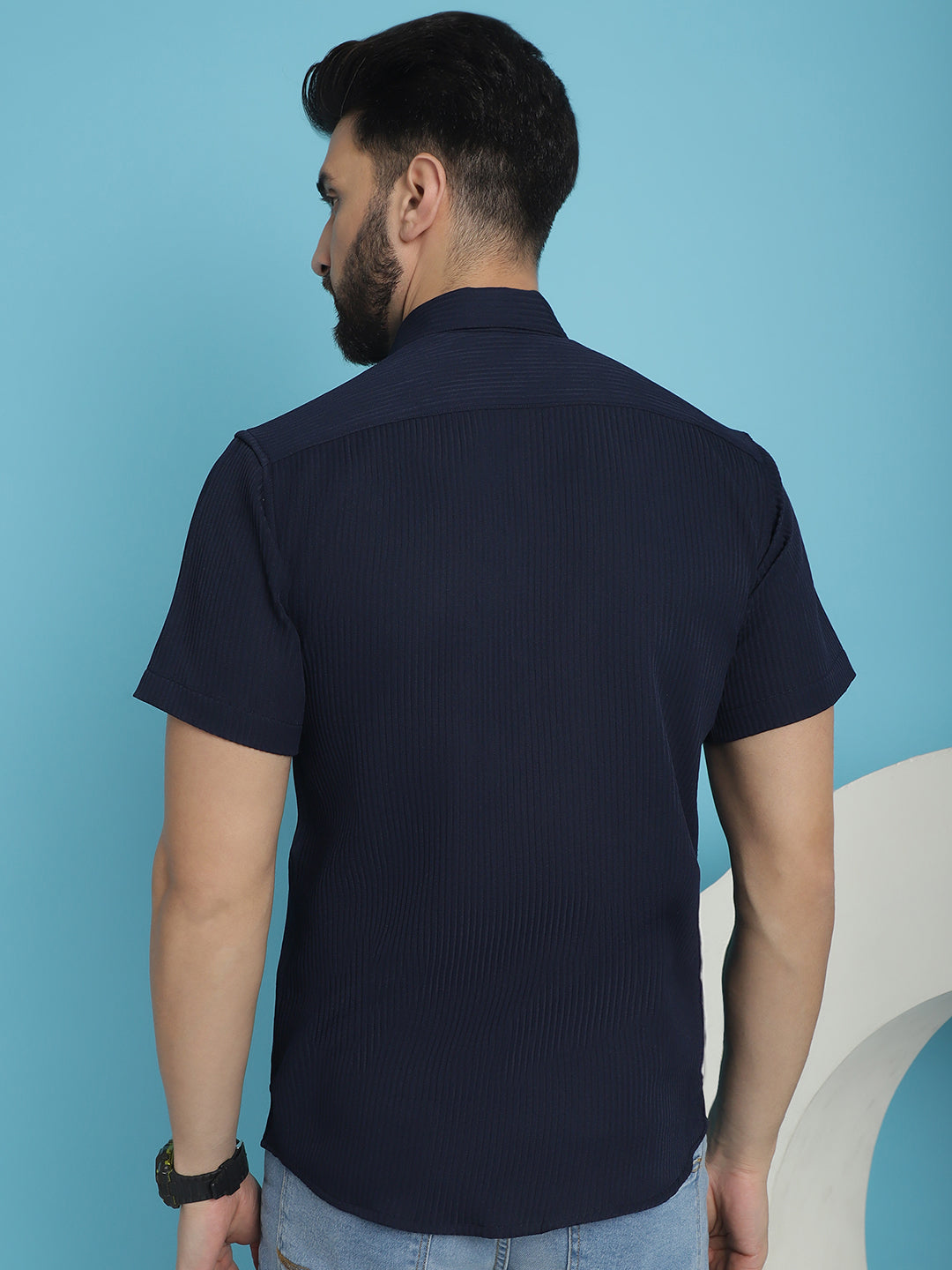 Indian Needle Men's Striped Half Sleeve Casual Shirt - Navy Blue | Grocsy