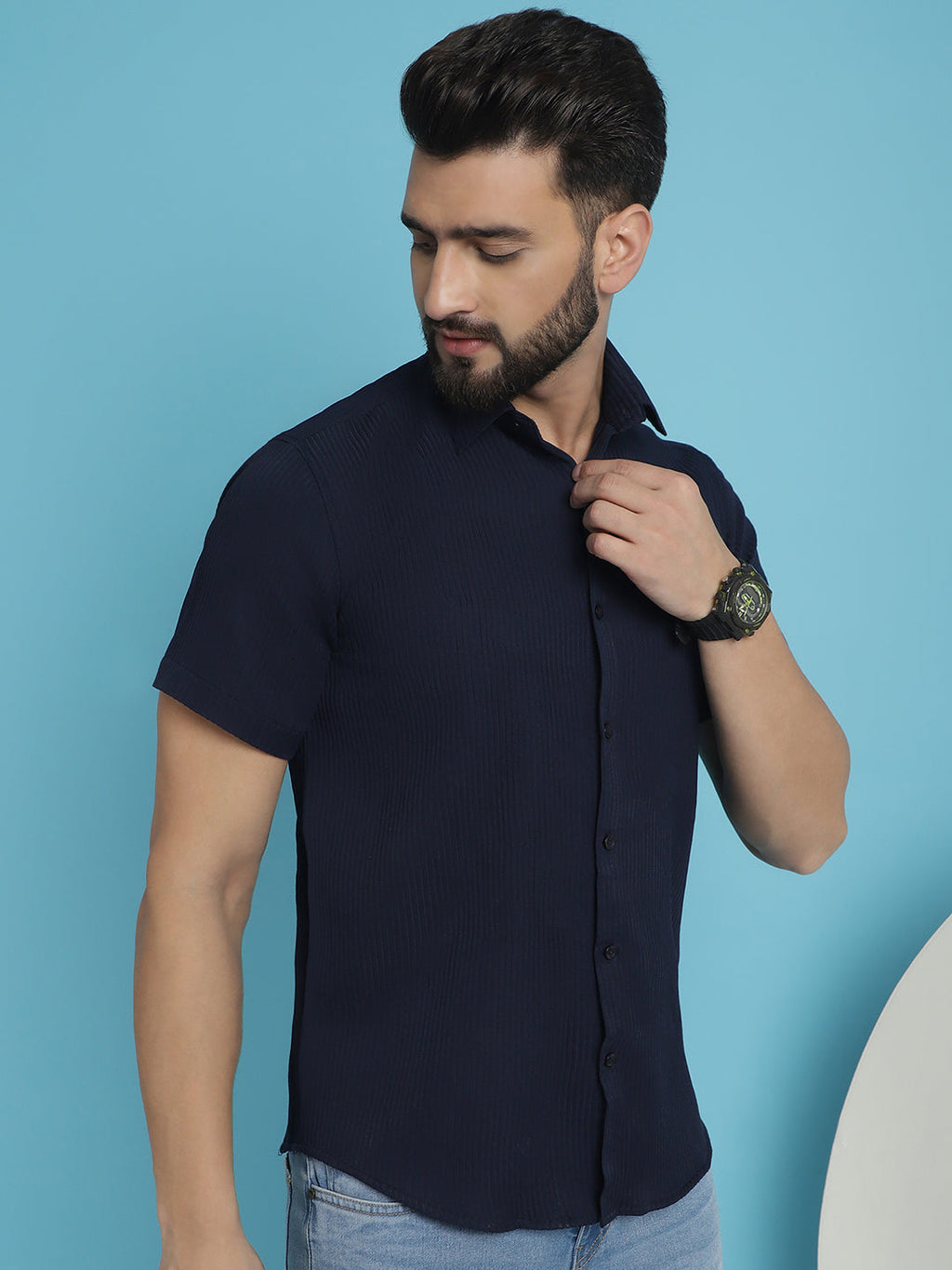 Indian Needle Men's Striped Half Sleeve Casual Shirt - Navy Blue | Grocsy