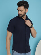 Indian Needle Men's Striped Half Sleeve Casual Shirt - Navy Blue | Grocsy