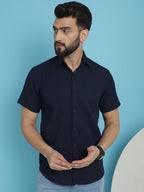 Indian Needle Men's Striped Half Sleeve Casual Shirt - Navy Blue | Grocsy