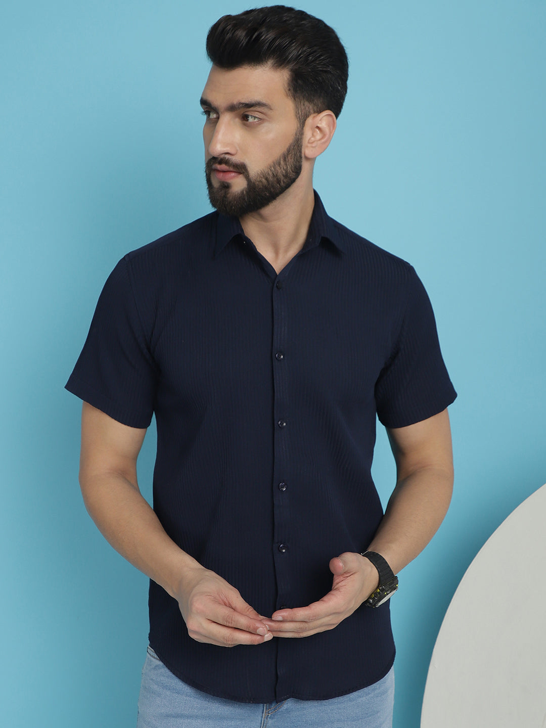 Indian Needle Men's Striped Half Sleeve Casual Shirt - Navy Blue | Grocsy