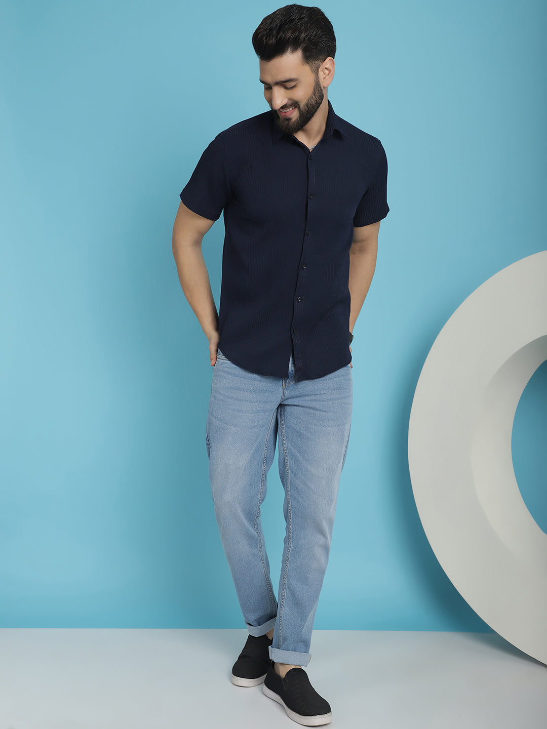 Indian Needle Men's Striped Half Sleeve Casual Shirt - Navy Blue | Grocsy