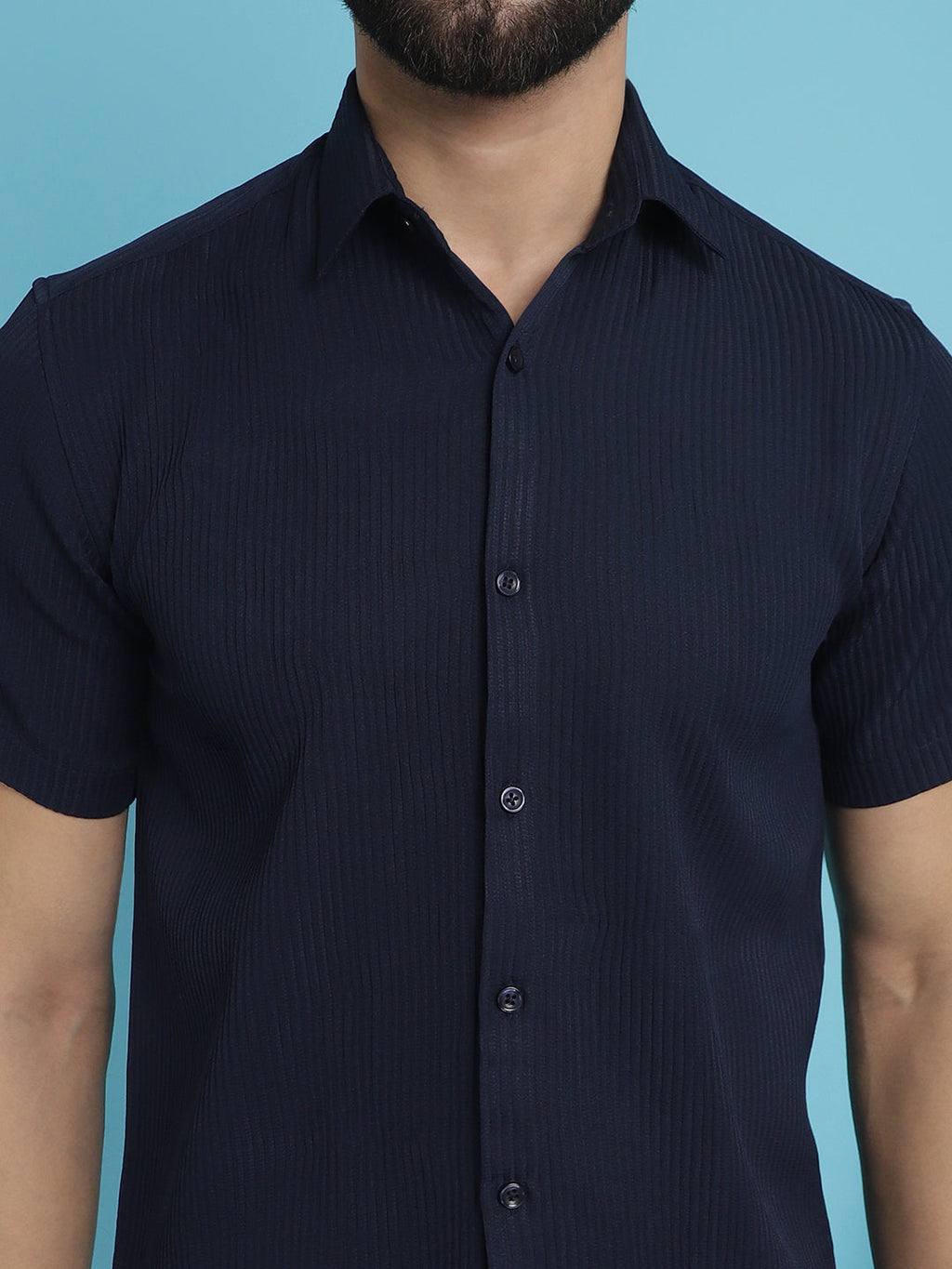 Indian Needle Men's Striped Half Sleeve Casual Shirt - Navy Blue | Grocsy