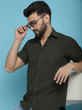 Indian Needle Men's Striped Half Sleeve Casual Shirt - Olive | Grocsy