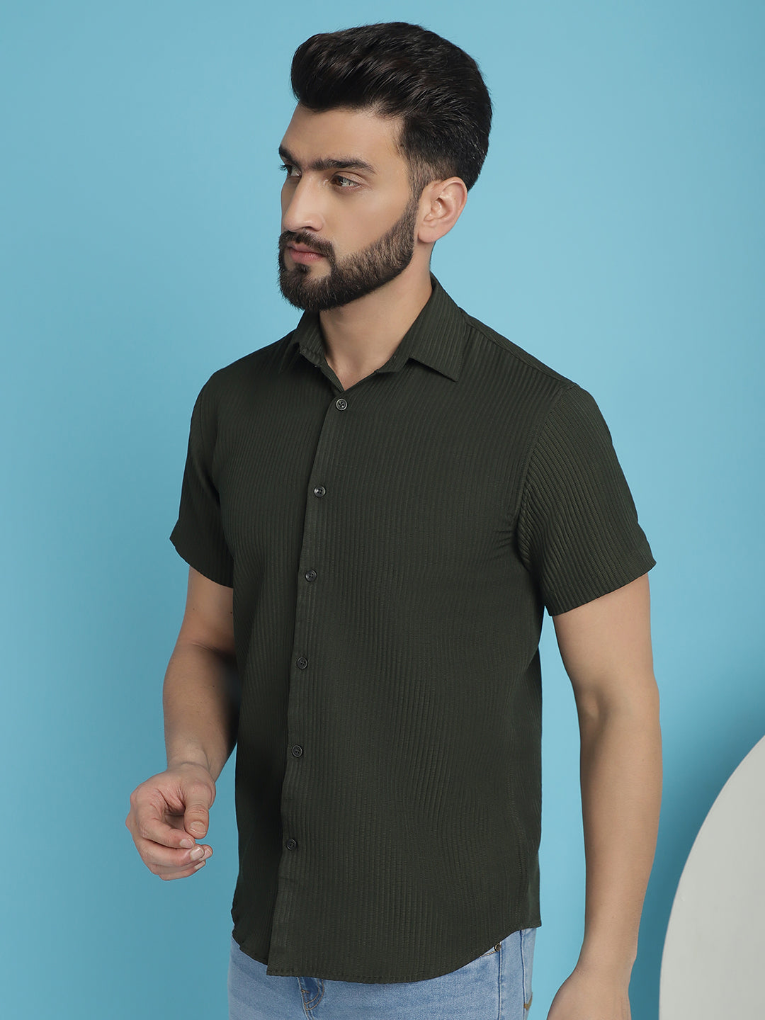 Indian Needle Men's Striped Half Sleeve Casual Shirt - Olive | Grocsy
