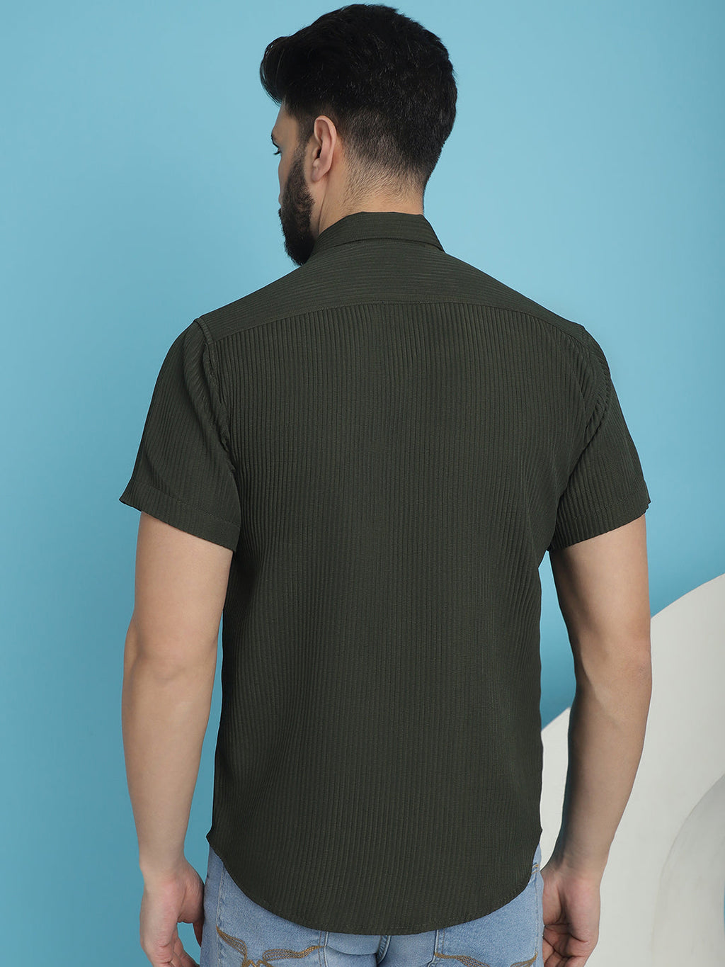 Indian Needle Men's Striped Half Sleeve Casual Shirt - Olive | Grocsy