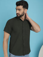 Indian Needle Men's Striped Half Sleeve Casual Shirt - Olive | Grocsy