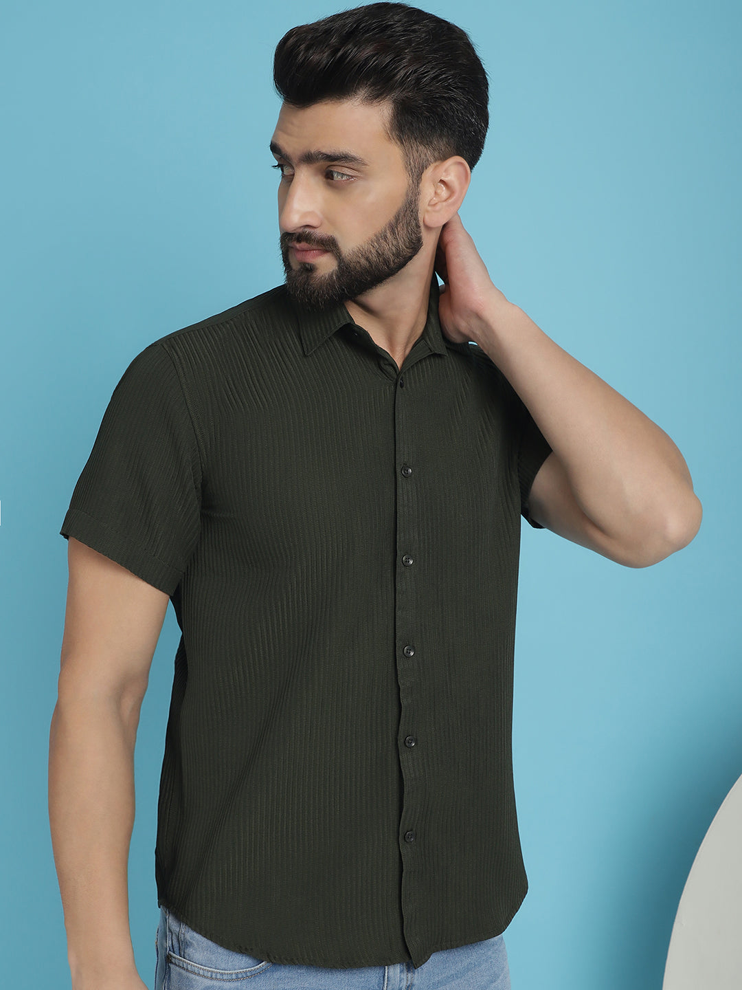 Indian Needle Men's Striped Half Sleeve Casual Shirt - Olive | Grocsy