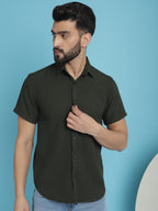 Indian Needle Men's Striped Half Sleeve Casual Shirt - Olive | Grocsy