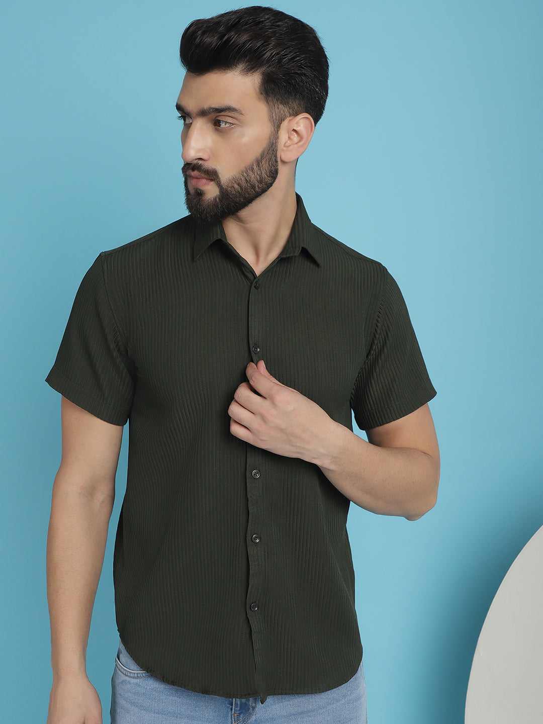 Indian Needle Men's Striped Half Sleeve Casual Shirt - Olive | Grocsy