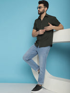 Indian Needle Men's Striped Half Sleeve Casual Shirt - Olive | Grocsy
